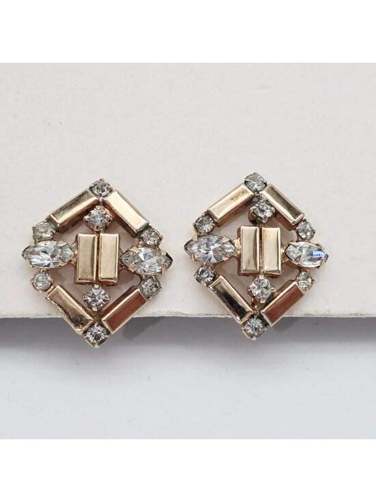 Unbranded Jewelry - Gold-Tone Geometric Clip-On Earrings Clear Rhinestones Diamond Shape Retro Jewel